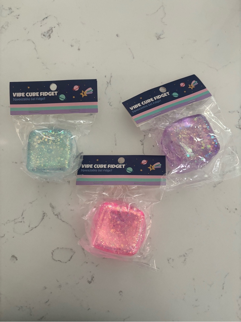 Bundle of 3 Vibe Cube Fidget - Glitter Squeeze Gel Cube (Pink, Purple, Aqua)